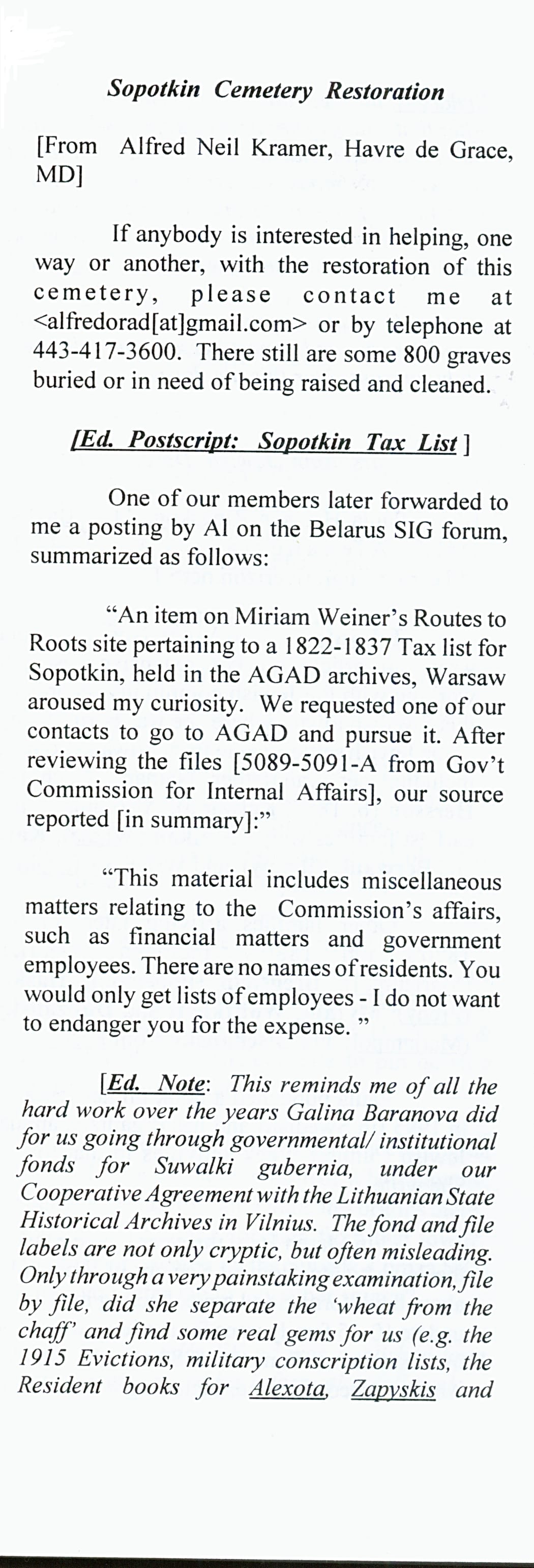 Landsmen newsletter, 2010 — article about the Sopotskin cemetery restoration project, page 1