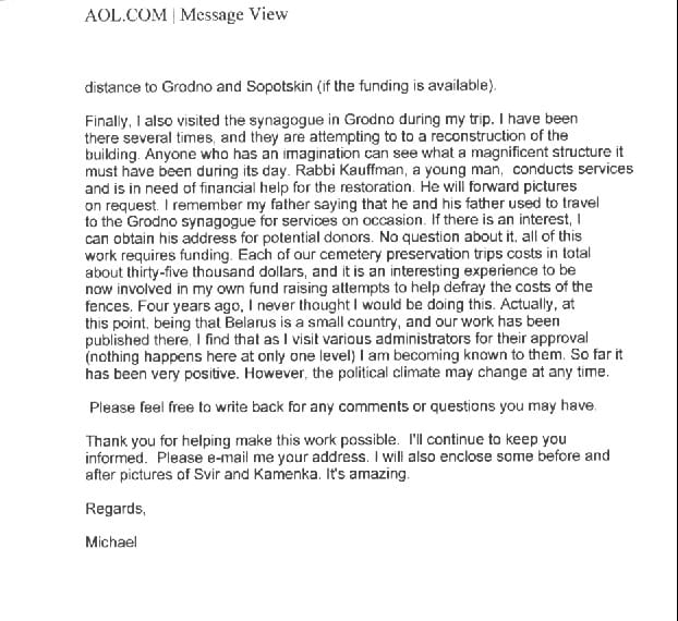 Scanned email correspondence regarding the Sopotskin cemetery restoration, June 2004, page 2